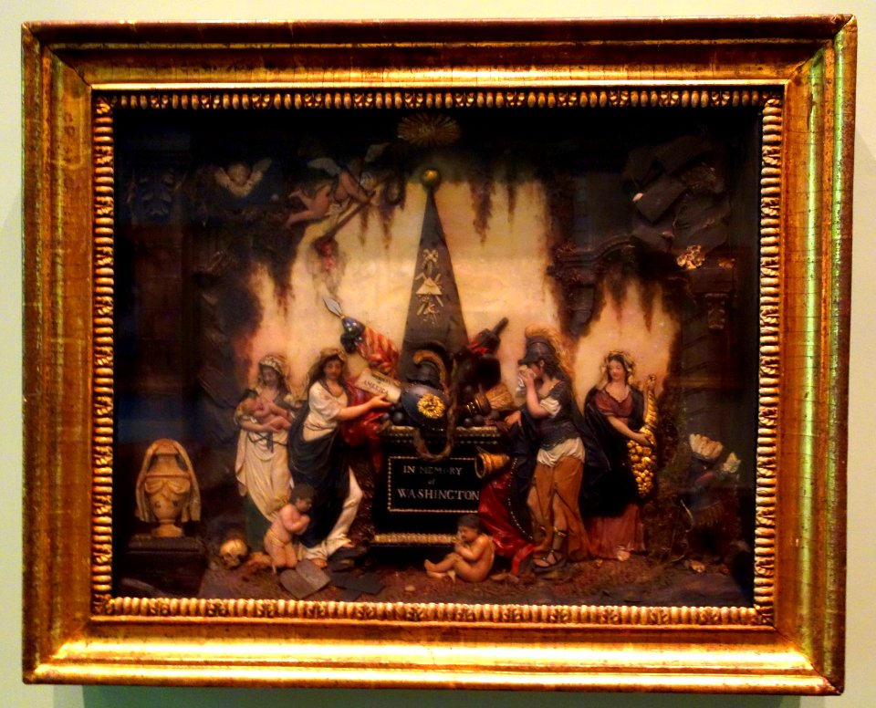 In Memory of Washington by Johann Christian Rauschner, 1799-1800, wax relief with paint, paper, gilt, moss, shell, glass, wood, gesso - Winterthur Museum - DSC01720