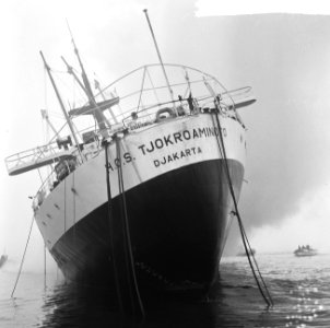 Indonesische vrachtschip Tjokroaminoto in brand in Amsterdamse haven, blussing, Bestanddeelnr 917-0735