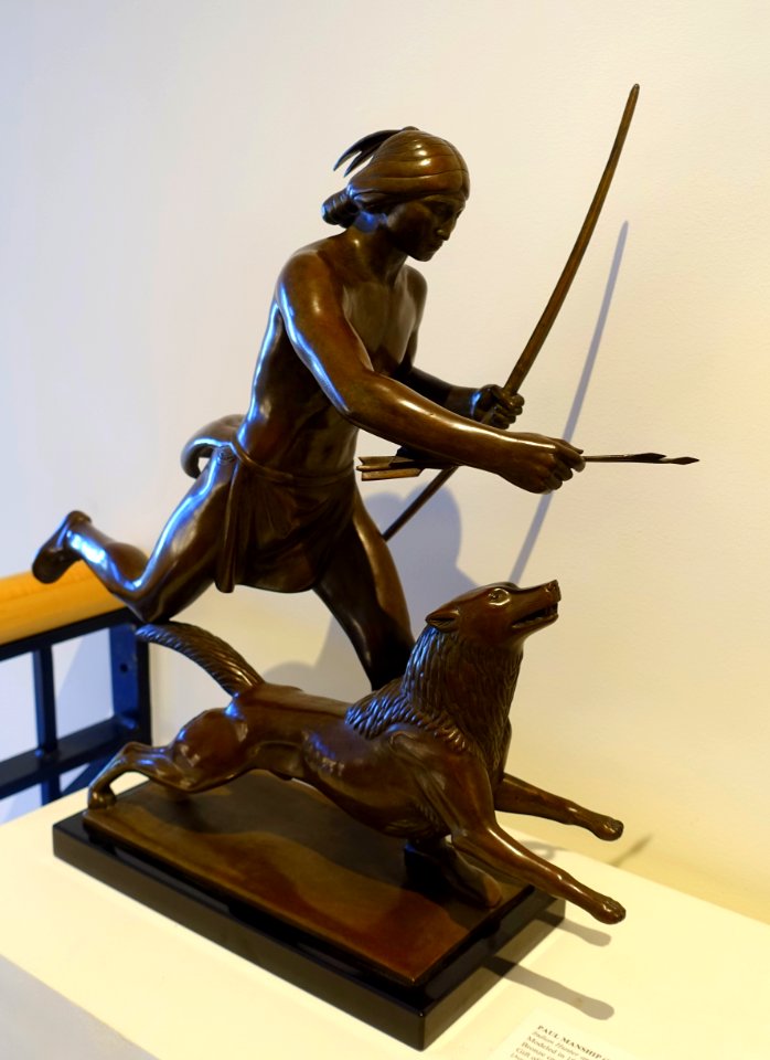 Indian Hunter and His Dog, by Paul Manship, 1926, bronze, view 2 - Cape Ann Museum - Gloucester, MA - DSC01443