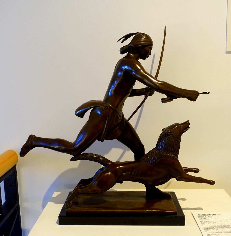 Indian Hunter and His Dog, by Paul Manship, 1926, bronze, view 1 - Cape Ann Museum - Gloucester, MA - DSC01441
