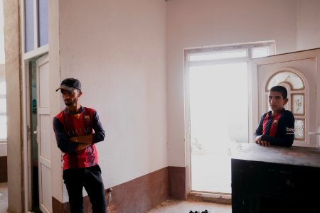 Interviewing Ezidi truck drivers waiting for work at a house near Hardan village in Sinjar region 24