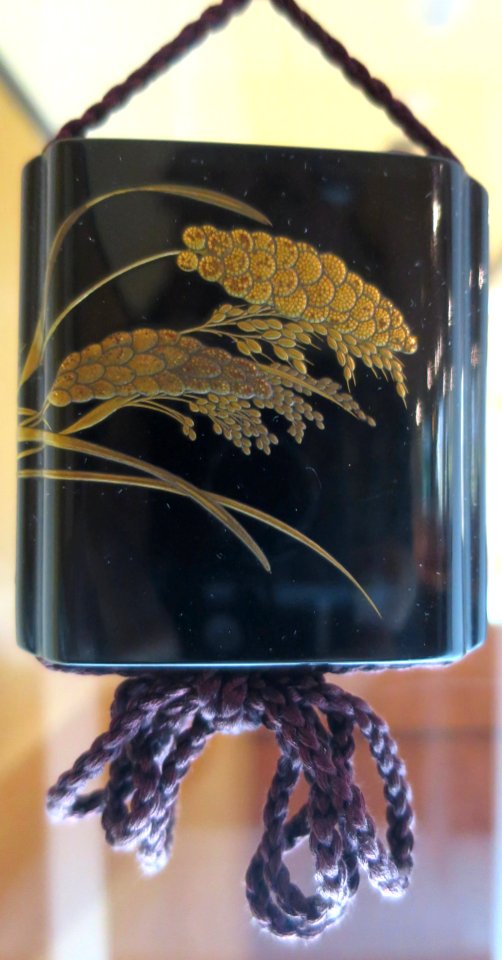 Inro with barley, rice and bird scare design, signed Taishin, LACMA