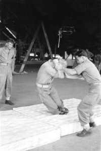 Instructeur leert een aspirant-parachutist hoe te landen, Bestanddeelnr 247-6-2