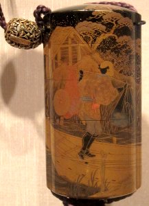 Inro with two men on a footbridge, Japan, Edo period, lacquer, gold and silver, HAA