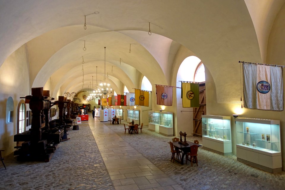 Interior view with presses and banners - Mainfränkisches Museum - Würzburg, Germany - DSC05124