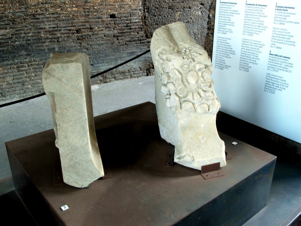 Interior of the Colosseum, Left,Fragment of lunense marble - Right,Transenna terminal in Luna marble