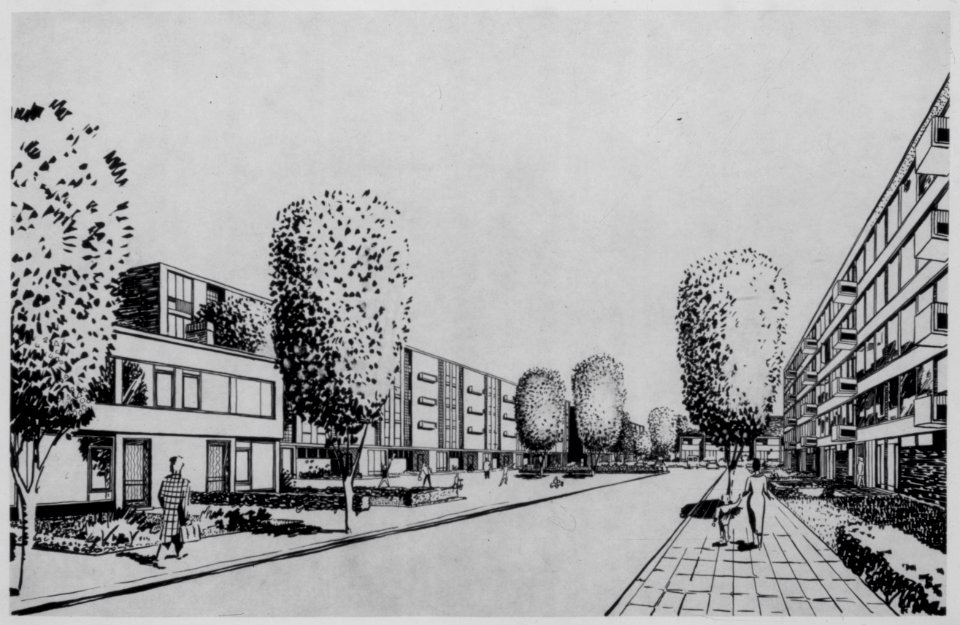 HUA-831362-Afbeelding van een perspectieftekening van een straat in de nieuwe wijk Kanaleneiland te Utrecht