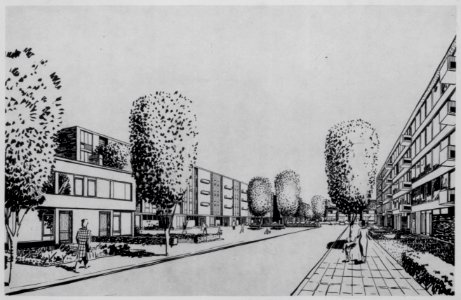 HUA-831362-Afbeelding van een perspectieftekening van een straat in de nieuwe wijk Kanaleneiland te Utrecht