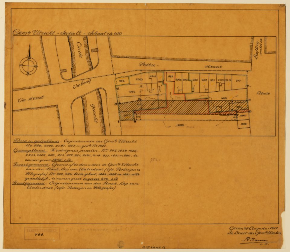 HUA-214297-Plattegrond van het terrein ten zuiden van de Potterstraat te Utrecht; met weergave van percelen met kadastrale nummering; met aanduiding van de perce