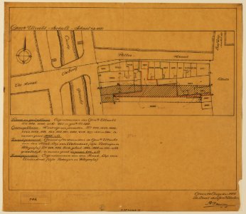 HUA-214297-Plattegrond van het terrein ten zuiden van de Potterstraat te Utrecht; met weergave van percelen met kadastrale nummering; met aanduiding van de perce