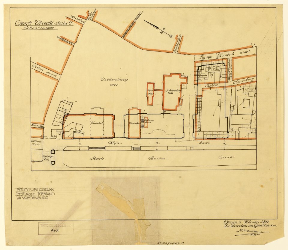 HUA-214323-Plattegrond van het Vredenburg en aangrenzende straten te Utrecht; met weergave van de bestaande bebouwing waaronder de schouwburg de fruithal en de k