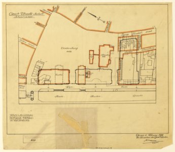 HUA-214323-Plattegrond van het Vredenburg en aangrenzende straten te Utrecht; met weergave van de bestaande bebouwing waaronder de schouwburg de fruithal en de k