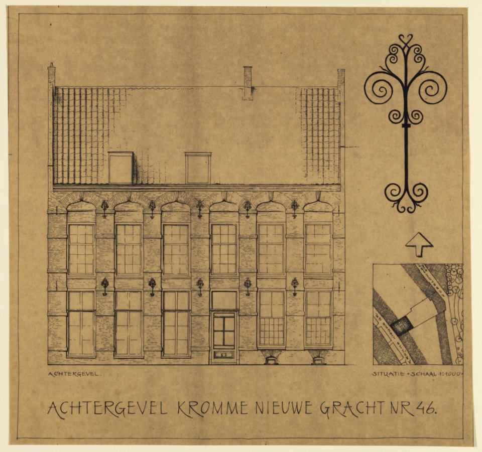 HUA-206882-Opstand van de achtergevel van het huis Kromme Nieuwegracht 14 te Utrecht met rechts een situatietekening en een afbeelding van een van de muurankers