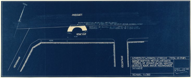 HUA-214358-Plattegrond van de Nieuwekade te Utrecht met aanduiding van de fundering van de Brouwerstoren aangetroffen bij de vernieuwing van een gedeelte van de 