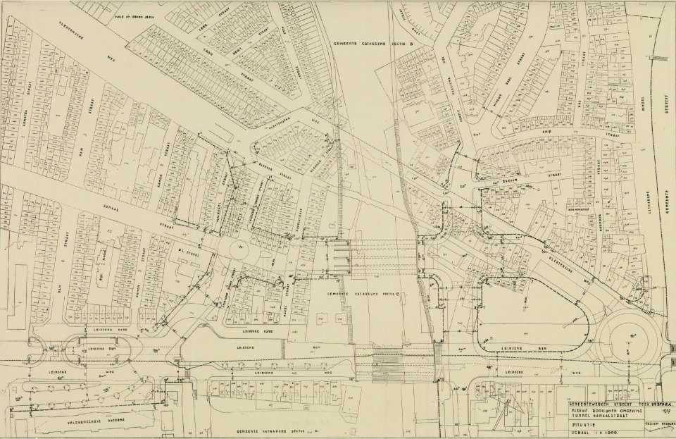 HUA-214111-Kadastrale kaart van het gebied tussen de Vleutenseweg Catharijnesingel Leidseweg Damstraat met directe omgeving te Utrecht; met weergave van de besta