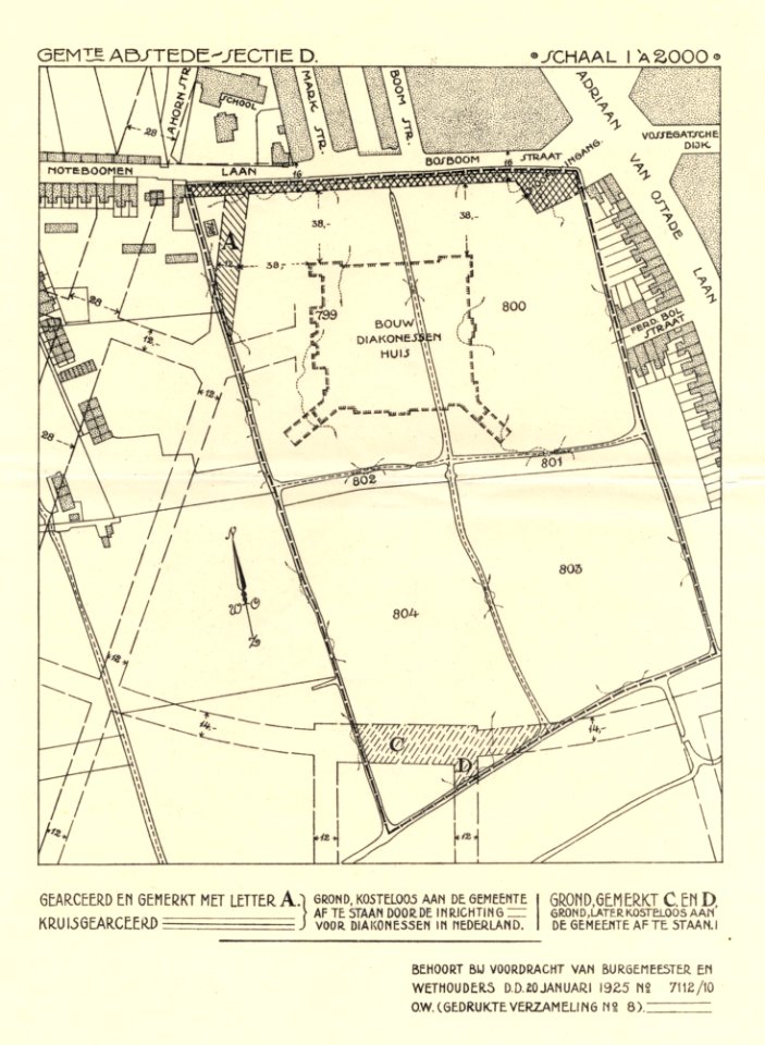 HUA-212077-Plattegrond van het terrein ten zuiden van de Notebomenlaan Bosboomstraat en ten westen van de Adriaen van Ostadelaan te Utrecht; met aanduiding van h