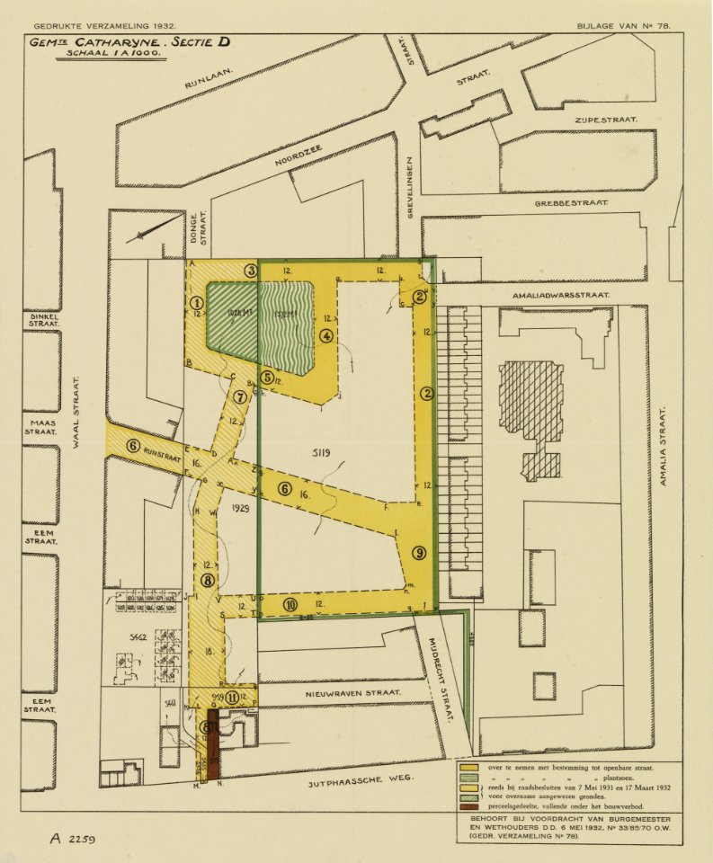 HUA-214144-Plattegrond van het terrein tussen de Noordzeestraat Amaliastraat Jutphaseweg Waalstraat met omgeving te Utrecht met weergave van het bestaande en ont