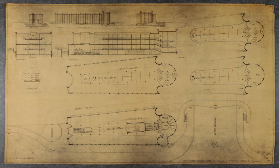 HUA-824216-Plattegronden doorsneden en aanzichten voor een ontwerp voor een Spoorwegmuseum bij de tunnel aan de Kanaalstraat Leidseveertunnel te Utrecht