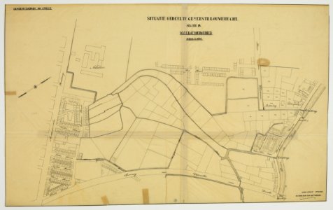 HUA-216713-Kaart van het terrein tussen de spoorlijn Utrecht Amersfoort Amsterdamsestraatweg Rietstraat Vecht te Utrecht; met weergave van percelen wegen straten