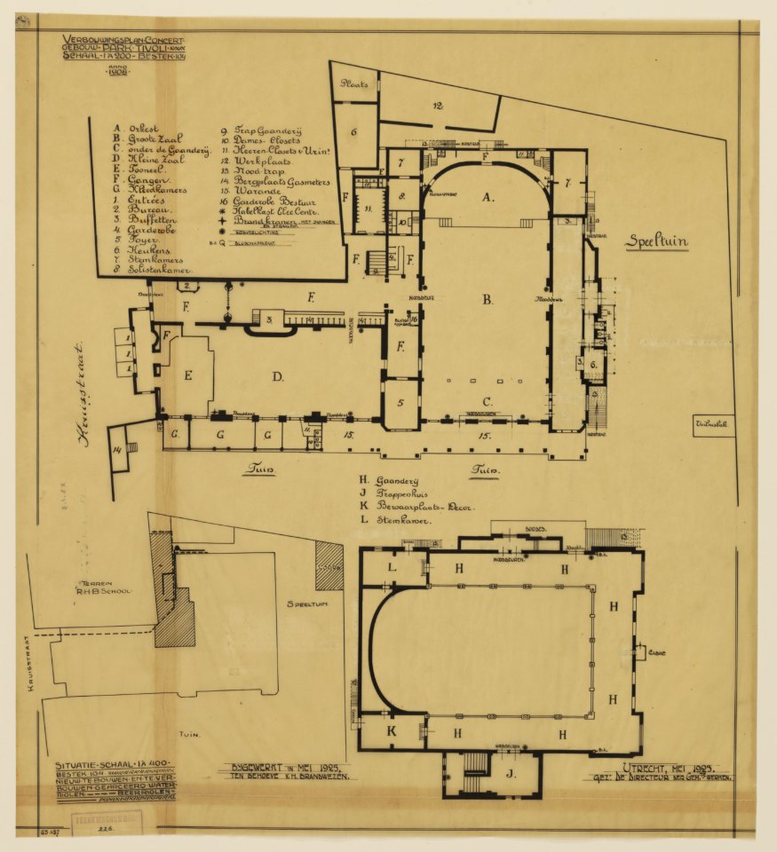 HUA-216628-Plattegronden van de begane grond en eerste verdieping van het ontwerp voor de verbouwing van het concertgebouw Tivoli Kruisstraat te Utrecht met inde