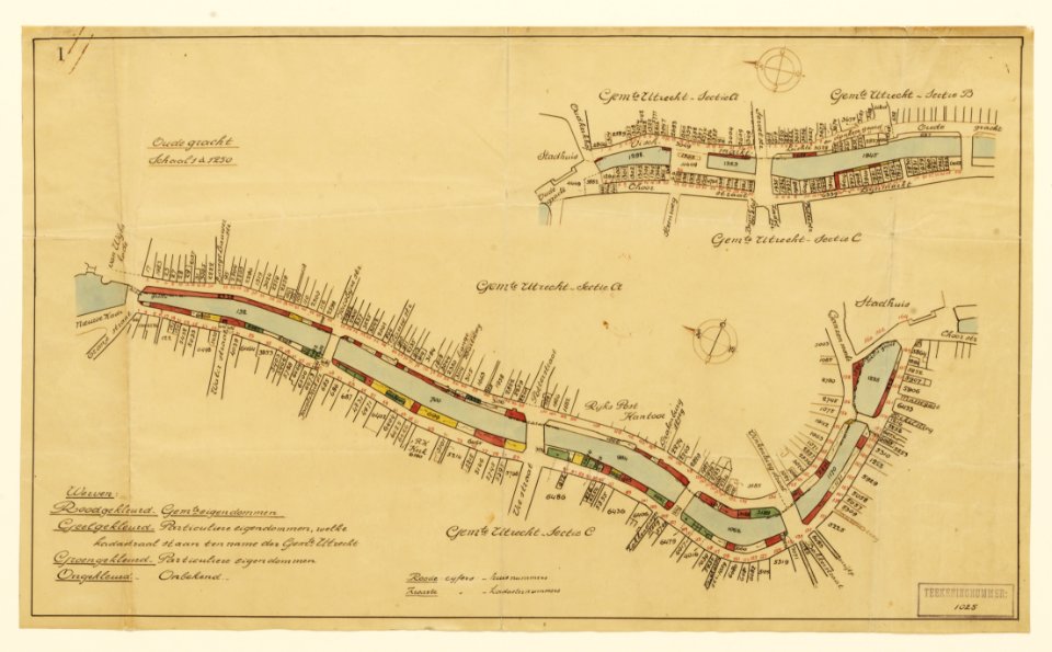 HUA-216305-Plattegrond van de Oudegracht te Utrecht met weergave van de percelen ged met werfkelders met huis en kadastrale nummers en aanduiding in kleur van de