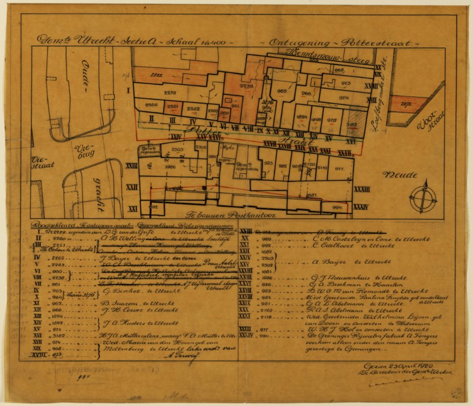 HUA-214298-Plattegrond van het terrein ter weerszijden van de Potterstraat te Utrecht; met weergave van percelen met kadastrale nummering met aanduiding van de p