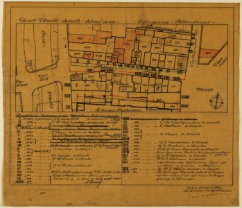 HUA-214298-Plattegrond van het terrein ter weerszijden van de Potterstraat te Utrecht; met weergave van percelen met kadastrale nummering met aanduiding van de p