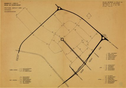 HUA-214197-Plattegrond van de wijk Overvecht Noord te Utrecht; het terrein tussen de Karl Marxdreef Einsteindreef Vecht Franciscusdreef; met weergave van hoofdwe