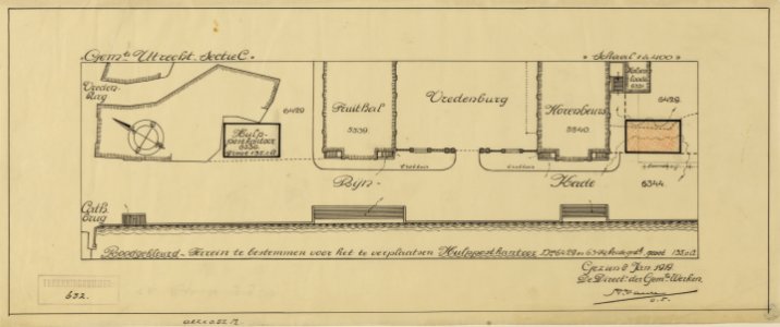 HUA-214302-Plattegrond van de bebouwing tussen het Vredenburg en de Rijnkade te Utrecht; met aanduiding van de fruithal de korenbeurs en het hulppostkantoor; met