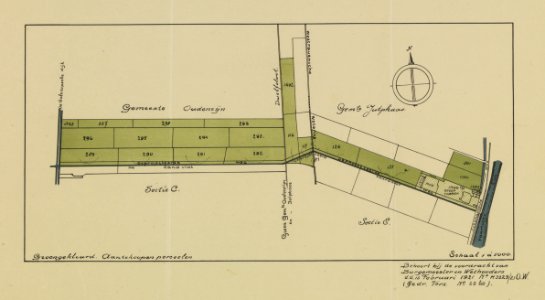 HUA-214146-Kaart van een aantal door de gemeente Utrecht aan te kopen percelen land in de gemeenten Oudenrijn en Jutphaas gelegen tussen de Galecopsedijk en de J