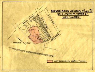 HUA-212060-Kadastraal uittreksel van de gemeente Utrecht sectie C met aanduiding van percelen van het voor schoolbouw bestemde terrein volgens Plan D gelegen tus