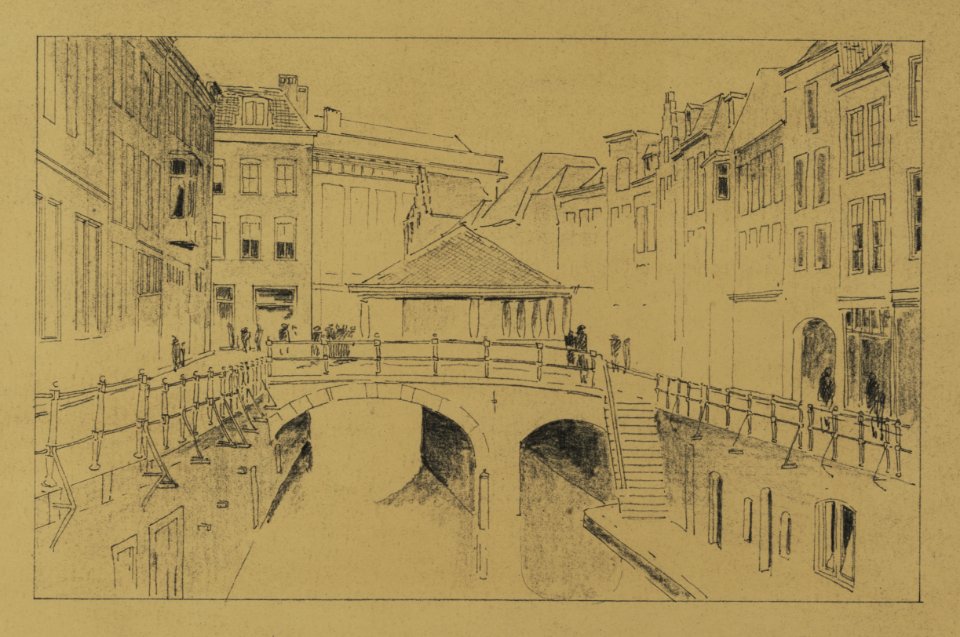 HUA-214312-Gezicht op de Oudegracht de Visbrug en de Vismarkt met bebouwing te Utrecht weergave van de situatie na afbraak van de ijzeren overkapping en het ontw