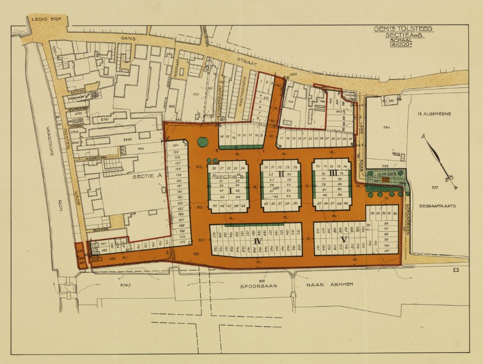 HUA-214148-Plattegrond van het terrein tussen de Gansstraat Laan van Soestbergen Spoorweg Utrecht Arnhem Oosterkade te Utrecht met weergave van het bestaande en 