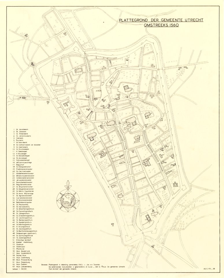 HUA-214261-Plattegrond van de stad Utrecht met directe omgeving met weergave van het stratenplan wegen watergangen en belangrijke bebouwingMet lijst van belangri