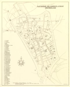 HUA-214261-Plattegrond van de stad Utrecht met directe omgeving met weergave van het stratenplan wegen watergangen en belangrijke bebouwingMet lijst van belangri