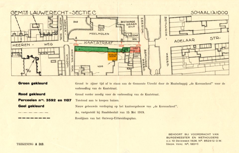 HUA-212064-Plattegrond van de Kaatstraat met gedeelten van de Herenweg Adelaarstraat en aansluitende straten met bebouwing te Utrecht met aanduiding van de benod