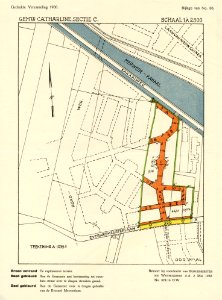 HUA-212066-Plattegrond van het terrein tussen het Merwedekanaal en de Everard Meijsterlaan te Utrecht met weergave van het ontworpen wegen en stratenplan voor de