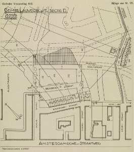 HUA-214106-Plattegrond van het terrein tussen de Schutstraat Leliestraat Amsterdamsestraatweg te Utrecht met weergave van het bestaande en ontworpen stratenplan 