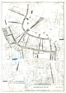 HUA-212089-Plattegrond van het centrale gedeelte van de binnenstad van Utrecht; met weergave van het stratenplan met bebouwing en het voetgangersgebied gearceerd
