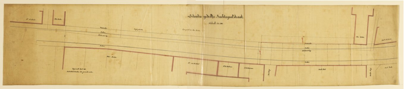HUA-216288-Kaart van de Nachtegaalstraat tussen de Parkstraat en de Lucasbrug te Utrecht met weergave van de percelen met bebouwing en vermelding van de eigenare