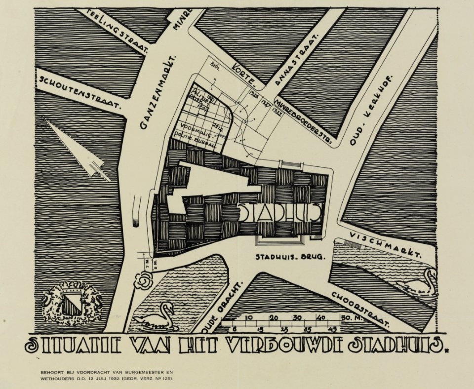 HUA-214673-Plattegrond van de bouwvlek met contouren van het stadhuis aan de Stadhuisbrug te Utrecht na verbouwing met weergave van de aangrenzende straten NB Be