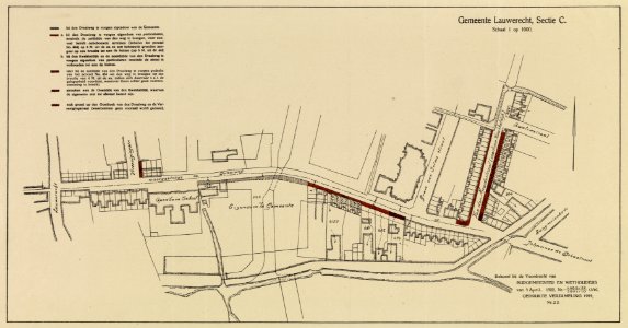 HUA-214178-Plattegrond van de Draaiweg en de Van der Mondestraat tussen de Lauwerecht en de Zaagmolenkade te Utrecht met weergave van wegen watergangen percelen 