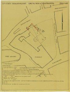 HUA-214674-Plattegrond van de contouren van het stadhuis aan de Stadhuisbrug te Utrecht met aangrenzende straten Met weergave van de bij de bouw van de nieuwe vl