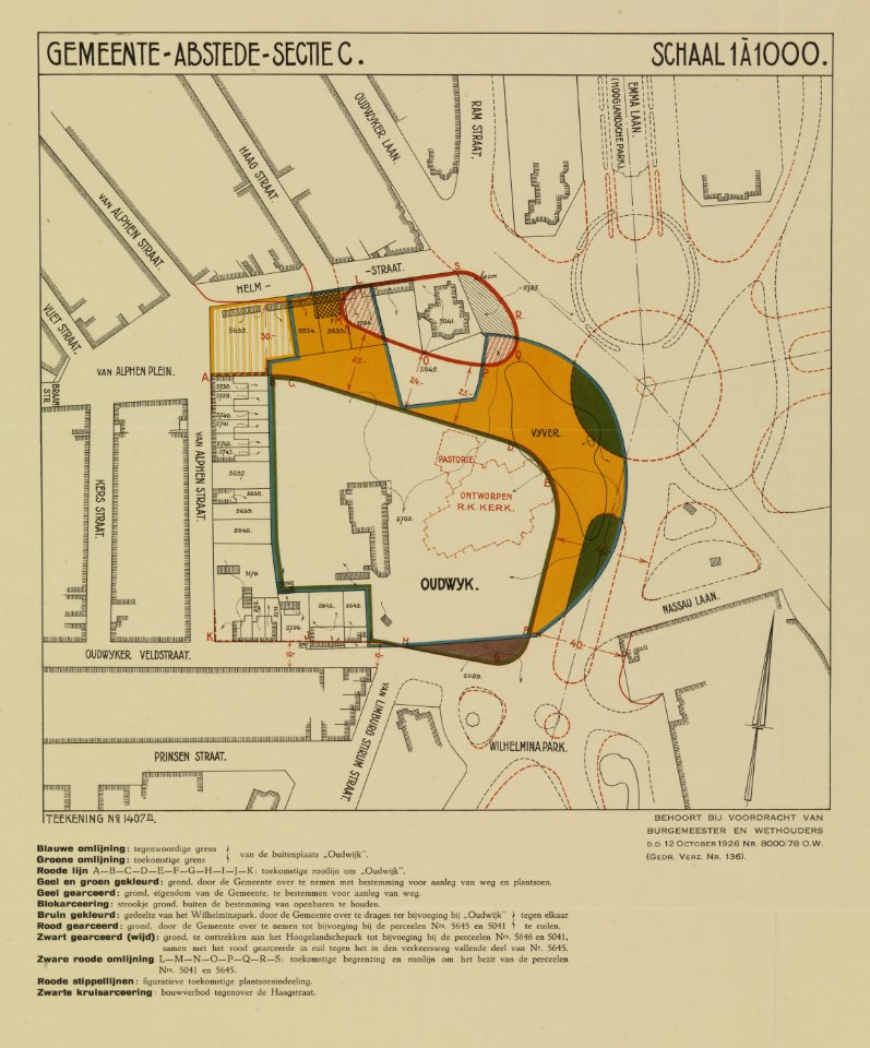 HUA-214162-Plattegrond van de wijk Oudwijk te Utrecht met directe omgeving met weergave van het bestaande stratenplan met bebouwing ged de buitenplaats Oudwijk d