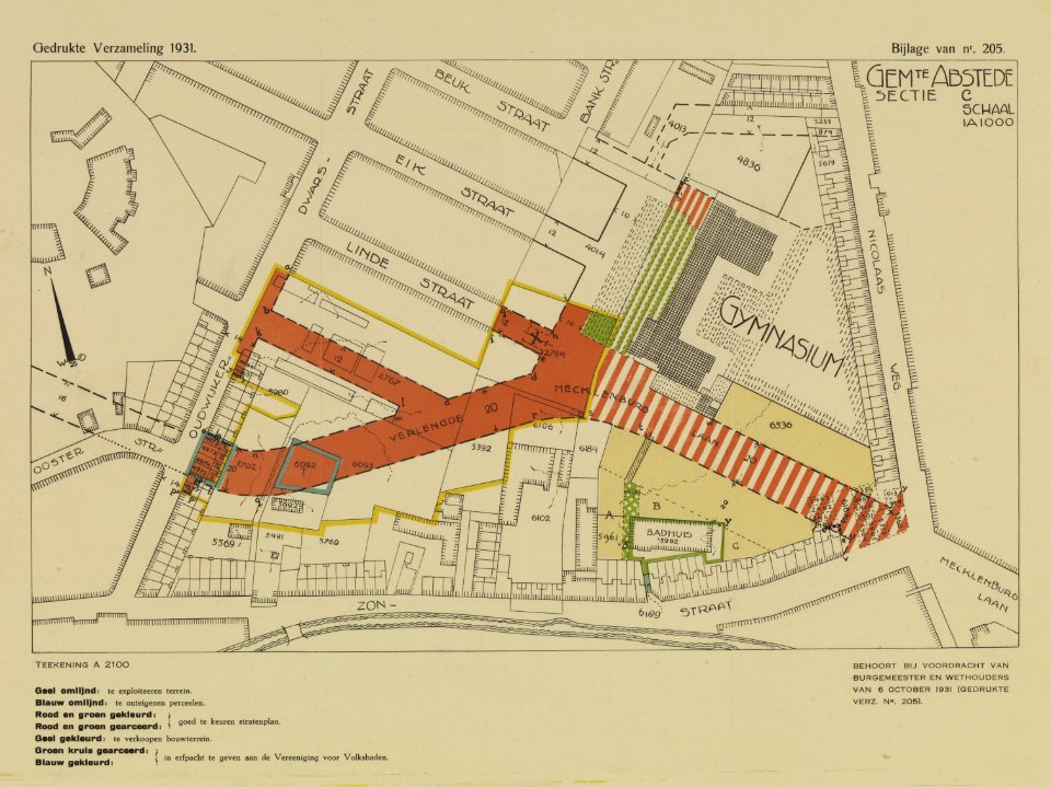 HUA-214163-Plattegrond van het terrein tussen de Beukstraat Nicolaasweg Zonstraat Oudwijkerdwarsstraat te Utrecht met weergave van het bestaande stratenplan met 