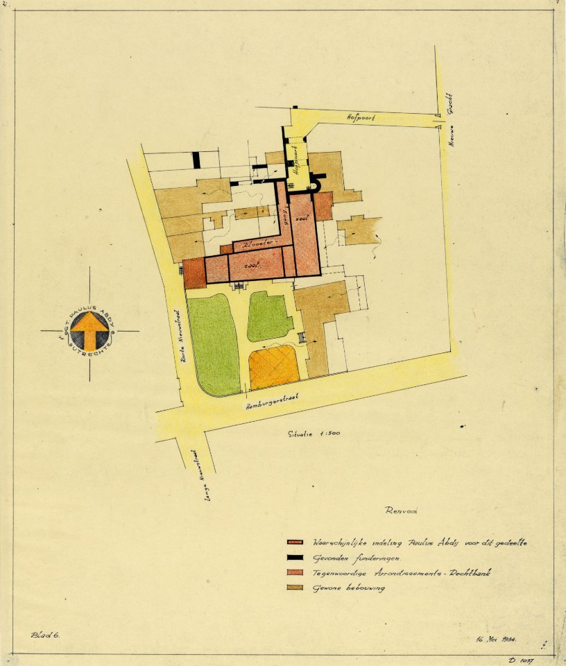 HUA-214641-Plattegrond van het terrein en de bebouwing van de voormalige St Paulusabdij Hamburgerstraat met aangrenzende straten en bebouwing te UtrechtMet weerg