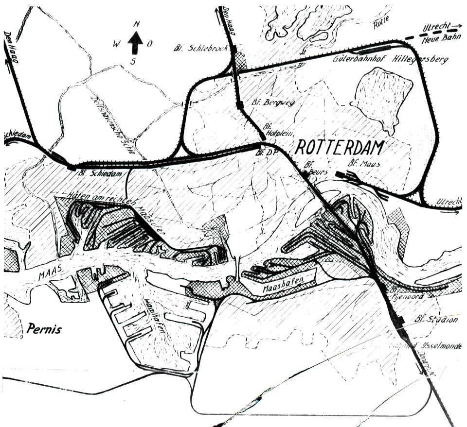 HUA-806685-Kaart van de spoorlijnen in en rond Rotterdam met rechtsboven de Ceintuurbaan en de geprojecteerde verbindingsbaan tussen Rotterdam Noord en Nieuwerke