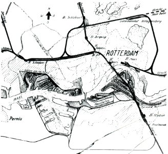 HUA-806685-Kaart van de spoorlijnen in en rond Rotterdam met rechtsboven de Ceintuurbaan en de geprojecteerde verbindingsbaan tussen Rotterdam Noord en Nieuwerke