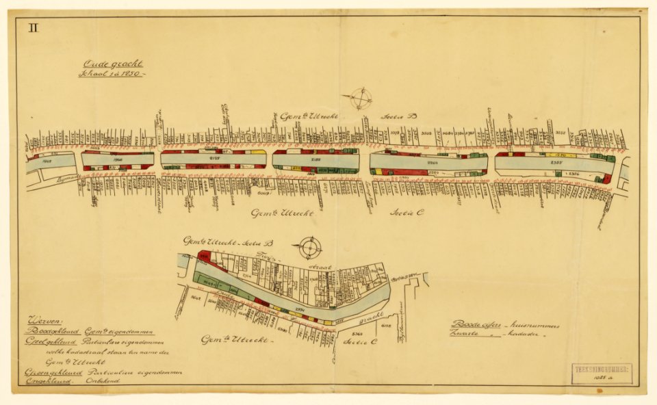 HUA-216306-Plattegrond van de Oudegracht te Utrecht met weergave van de percelen ged met werfkelders met huis en kadastrale nummers en aanduiding in kleur van de
