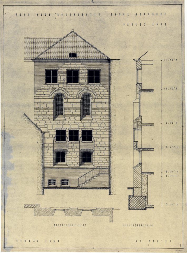 HUA-214648-Opstand dwars en hoogtedoorsnede van het ontwerp voor de restauratie van de achtergevel voor de St Paulusabdij Hamburgerstraat 28 Hofpoort te UtrechtN